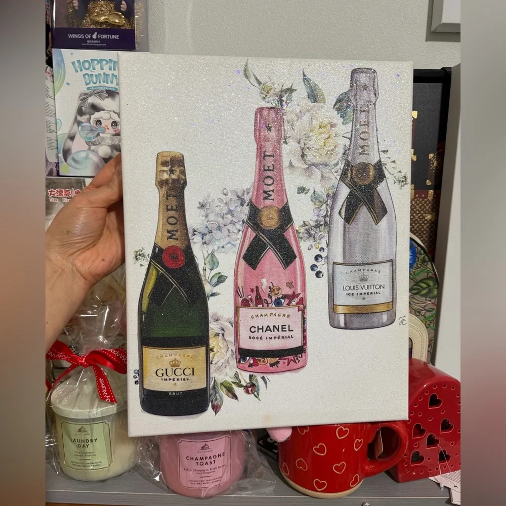 Sparkling Champagne Bottle Canvas Print - Pink, Green, Silver